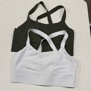 Athleta Cross-Back Longline A-C Sports Bras - White and Olive Green PAIR